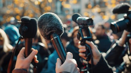 Press Conference: A Crowd of Reporters with Microphones and Cameras
