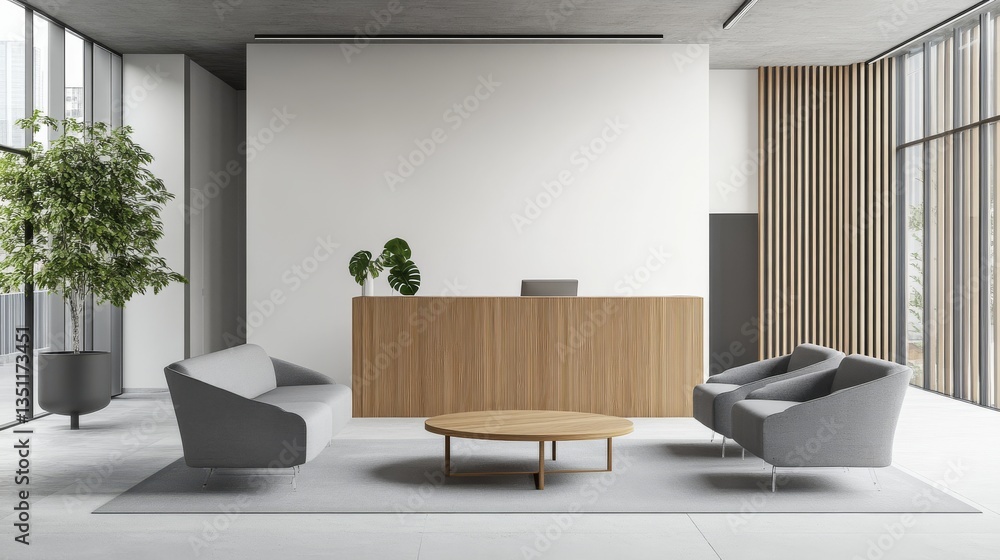 Poster gray armchairs and a coffee table are standing in an office lobby near a wooden reception counter. a