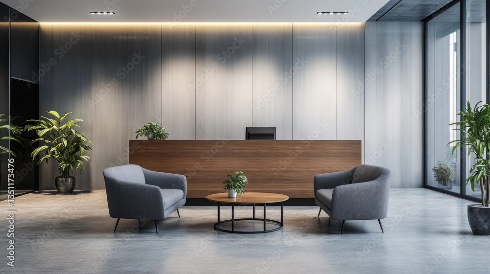 Poster gray armchairs and a coffee table are standing in an office lobby near a wooden reception counter. a