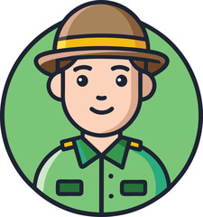 Illustration of Park Ranger with Brown Hat and Green Shirt, A friendly illustration of a park ranger wearing a brown hat and green shirt, symbolizing environmental stewardship and outdoor work.
