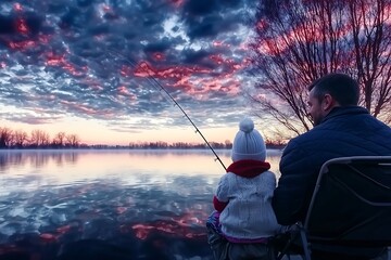 Father for daughter fishing, sunset lake.