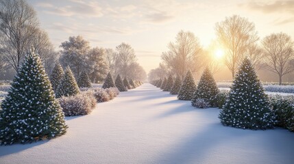 Row of snow-covered trees lining path, sun glowing in wintry park. Perfect for winter holidays, new year or Christmas-themed presentations.