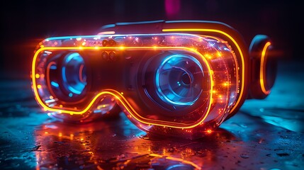 Futuristic virtual reality headset with neon lights reflecting on a wet surface in a dark environment