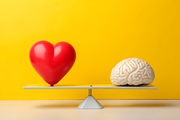 Balancing Emotions and Logic With a Red Heart Shaped Ball and a Brain on a Scale Against a Vibrant Yellow Background