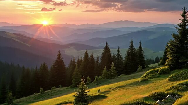 Breathtaking sunset over the Carpathian Mountains in Ukraine creating a serene atmosphere with lush greenery and distant peaks bathed in golden light