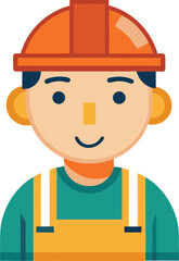 Illustration of Construction Worker with Hard Hat, A cheerful illustration of a construction worker wearing an orange hard hat and overalls, representing the construction and labor industry.
