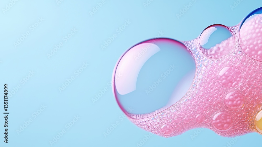 Poster colorful soap bubbles on a soft blue background, showcasing reflections and light, creating a playfu