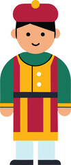 Cartoon Character in Colorful Traditional Outfit, A cheerful cartoon character wearing a colorful traditional outfit, representing cultural or historical attire in a playful style.
