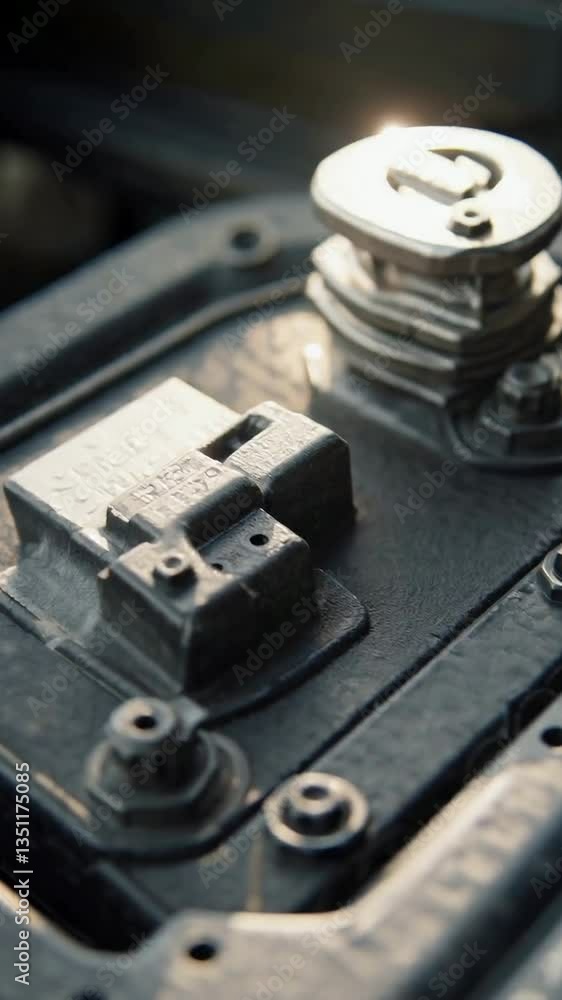 Poster closeup of mechanical device in motion with gears and levers showcasing intricate engineering detail