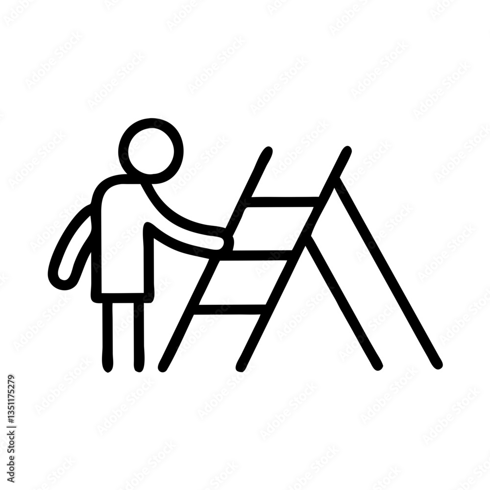 Poster stick figure using a ladder in a minimalistic style