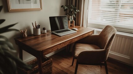 Home office workspace with laptop, desk, chair, and plants.