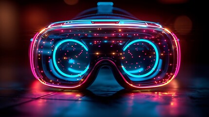 Futuristic virtual reality headset glowing with neon lights, set against a blurred digital background