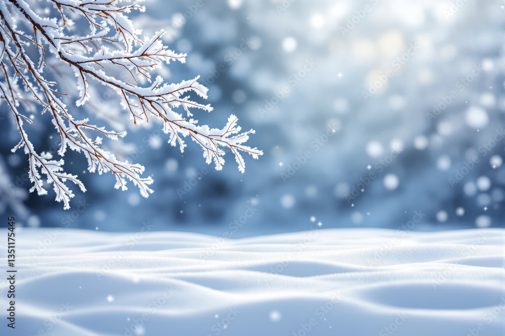 Poster frosty tree branches covered in snow over a soft snowdrift with a blurred blue background. sparkling