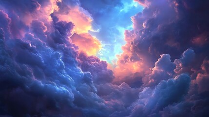 Sunset paints the sky with vibrant hues as fluffy clouds create a celestial canvas for Serene, dramatic beautiful concept.