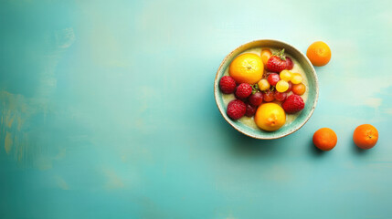 Vibrant fruit bowl with oranges on teal table.
