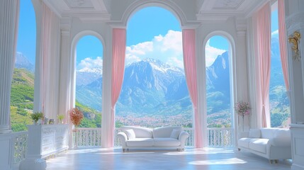 Luxurious interior with white furniture and stunning mountain view