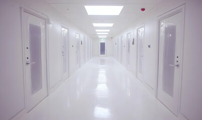 Clean, bright corridor with numerous white doors, pristine floor; modern, sterile environment; perfect for healthcare, science, or technology concepts.