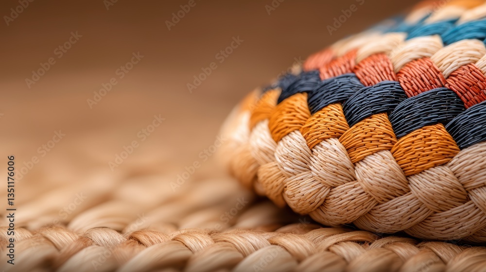 Poster a close-up of a colorful woven item resting on a textured surface, showcasing intricate patterns and