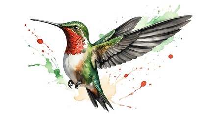 Watercolor Hummingbird in Flight with Paint Splatter