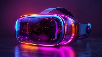Futuristic virtual reality headset glowing with vibrant neon colors against a dark background