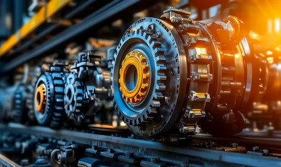 Fototapeta premium Close-up of intricate industrial machinery gears, showcasing precision engineering and complex mechanisms. High-detail image perfect for manufacturing, technology, and engineering contexts.