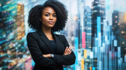 Side view of confident young african american businesswoman standing with crossed arms and looking forward. Cityscape with growing bar chart in the background. Toned image double exposure mock up