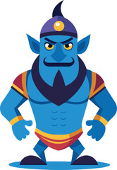 Cartoon Strong Blue Genie with Headband, A fierce cartoon blue genie with a headband and muscular build, symbolizing strength, magic, and fantasy.

