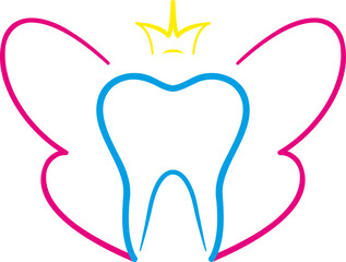 Magical tooth fairy with a crown logo. Imaginative design for dentistry and paediatric dentists.