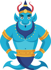 Cartoon Blue Genie with Golden Jewelry, A playful cartoon illustration of a blue genie with a crown, golden jewelry, and mischievous expression, representing magic and fantasy.
