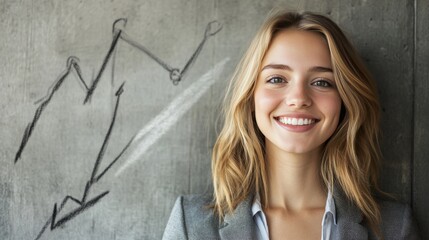 Smiling young businesswoman with planner standing near concrete wall with start up sketch drawn on concrete wall. Concept of success and new business project launch