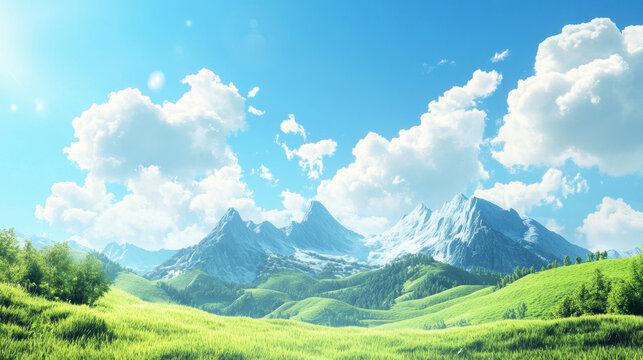 Sunny mountain landscape with lush green fields.