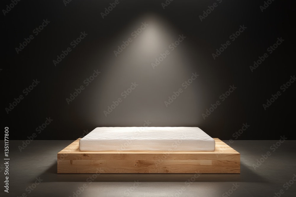 Aufkleber sleek mattress rests on a stylish wooden platform, surrounded by soft lighting and minimal decor, cr