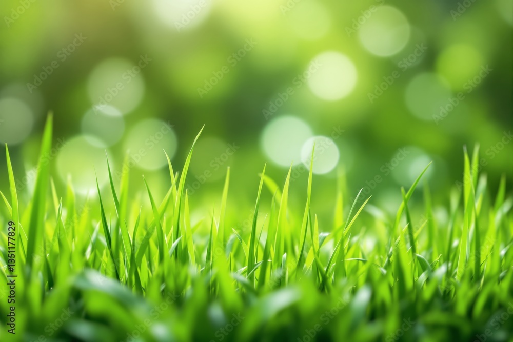 Poster lush green grass in sharp focus with a softly blurred natural background featuring circular light ef