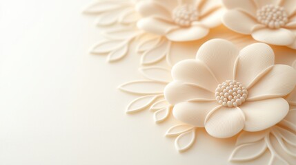 Delicate cream-colored flowers with intricate details and leaves create an elegant, soft composition against a smooth background.