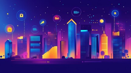 Glowing SME hologram icons, business growth, start up management and internet technology. Double exposure city skyscrapers at night. Concept of small and medium-sized enterprises and innovation
