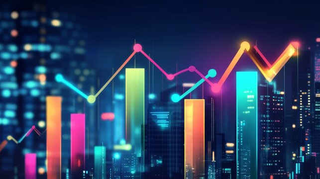 Glowing SME hologram icons, business growth, start up management and internet technology. Double exposure city skyscrapers at night. Concept of small and medium-sized enterprises and innovation