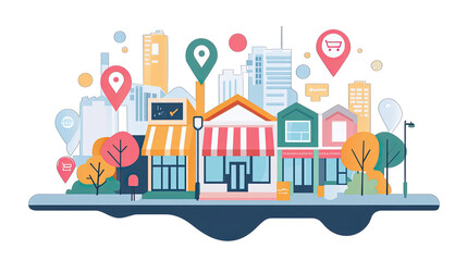 Cityscape with Shops, Buildings, Location Pins, and Decorative Trees on Black Background