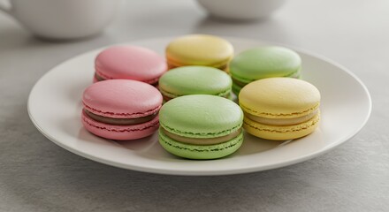 Colorful macarons on a white plate, perfect for a sweet treat.