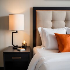 Modern Bedroom Interior with Stylish Bedside Table Lamp and Orange Pillow