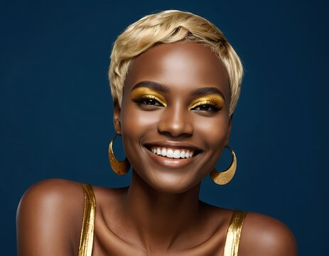 Smiling Black Woman with Gold Makeup and Earrings