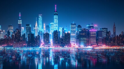 Digital hologram and information fileds in metaverse, double exposure, New York Manhattan skyline at night. Virtual reality and blockchain. Concept of big data
