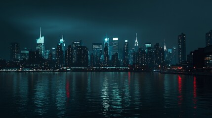 Naklejka premium Digital hologram and information fileds in metaverse, double exposure, New York Manhattan skyline at night. Virtual reality and blockchain. Concept of big data