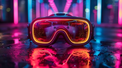 Futuristic goggles resting on a wet surface, illuminated by colorful neon lights in a modern setting