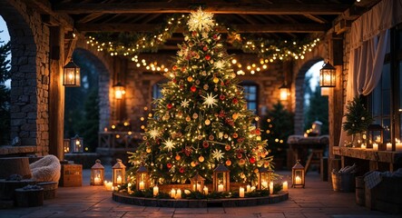 Obraz premium Majestic Christmas tree with glowing lanterns and rustic charm