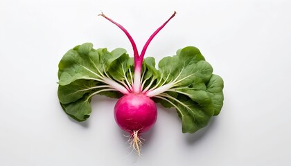 Single Pink Radish with Green Leaves on White Background