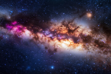 Bright colorful galaxy with glowing stars and nebula in outer space, deep cosmic scene with dust clouds and glowing lights in the milky way universe