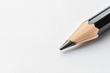 Detailed macro shot of a black graphite pencil tip on white paper, symbol of creativity, writing, and traditional office tools