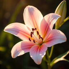 Fototapeta premium Delicate lily flower closeup in warm sunlight, bloom, botanical