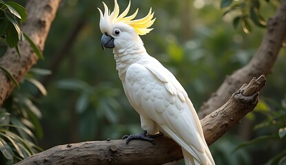 White cockatoo parrot perched on a branch with a lush green background