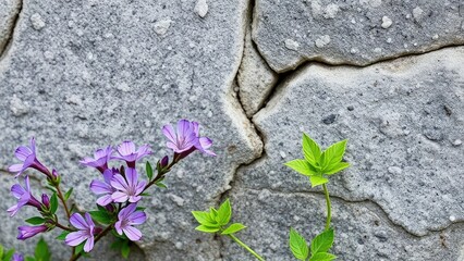 Delicate purple petals unfolding on a gray stone wall, garden, wildflower, nature